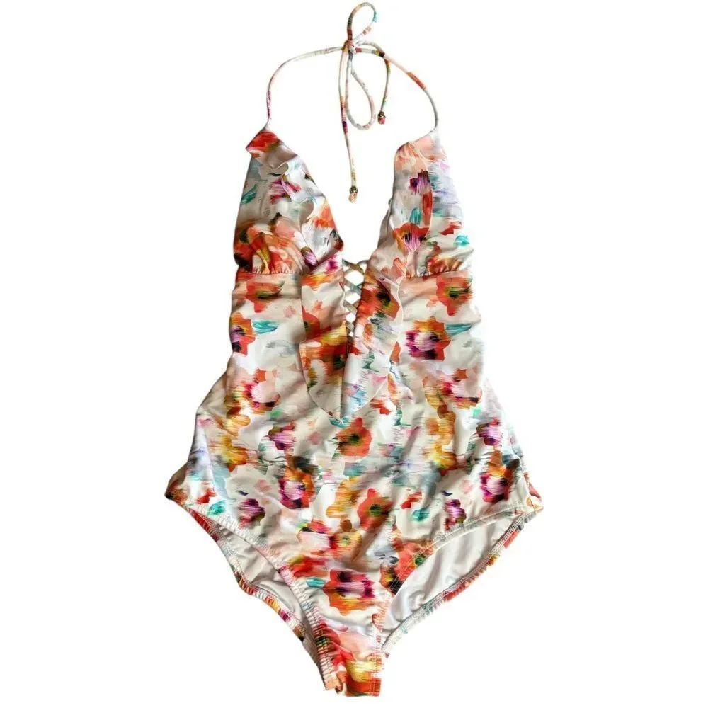 Shoshanna Deep V Halter One Piece Lace Up Swimsuit Bathing Suit Size 6 $230
